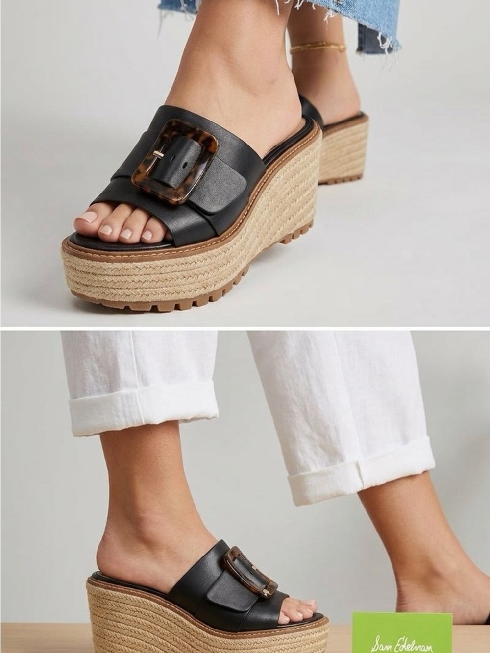 Sam Edelman Black Wedge Espadrille Slides with Tortoiseshell Buckle Narrow